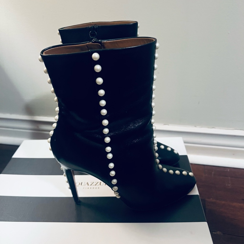 Aquazzura Black Pearl-Studded Heeled Boots